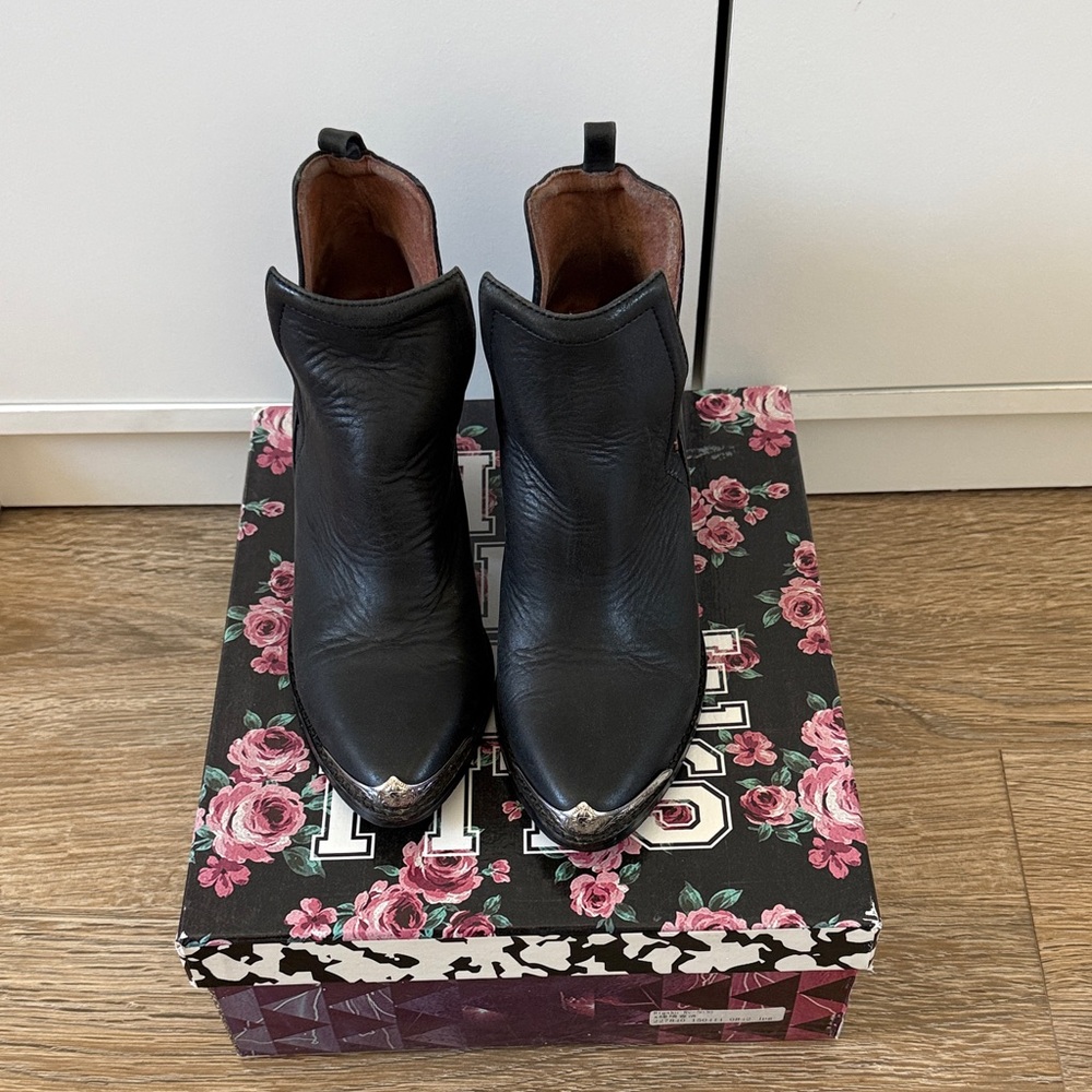 JEFFREY CAMPBELL / IBIZA Black Leather Western Ankle Boots with Metal Toe Accent